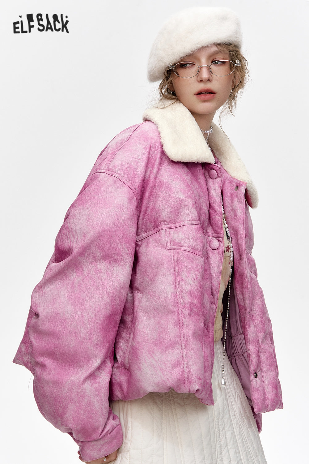 ELFSACK Pink Plush Collar Short PU Thick Jacket