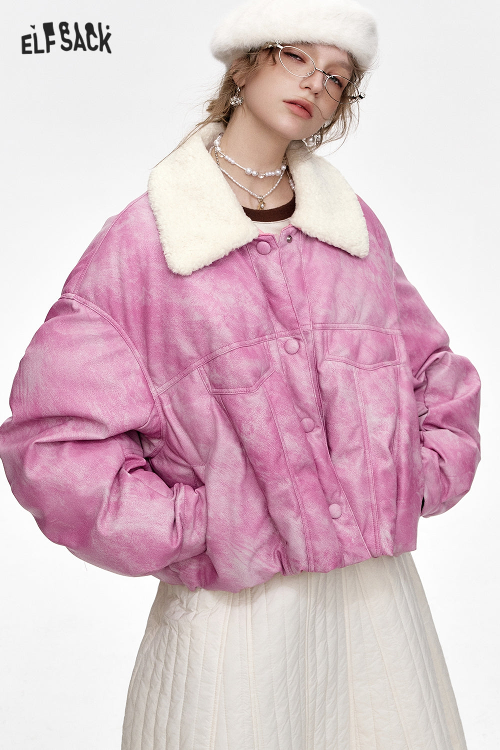 ELFSACK Pink Plush Collar Short PU Thick Jacket