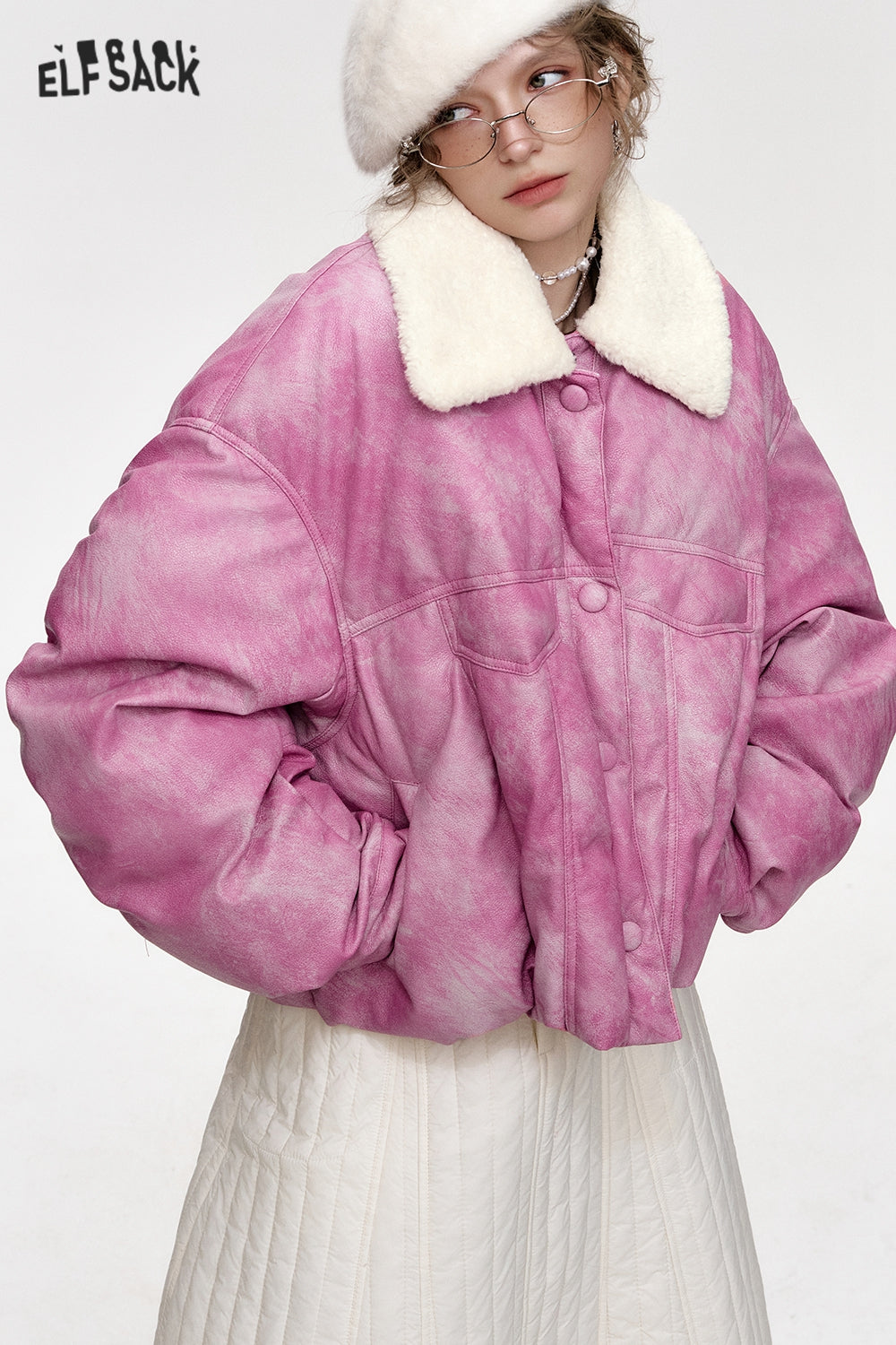 ELFSACK Pink Plush Collar Short PU Thick Jacket