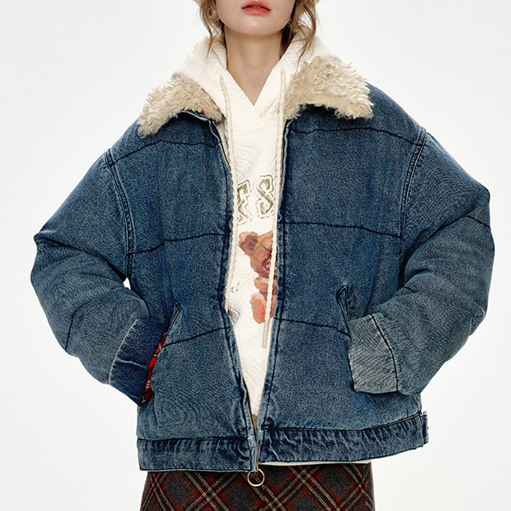 ELFSACK 2024 Winter New Arrivals Retro Fake Fur Collar Denim Blue Thickened Short Jacket Women