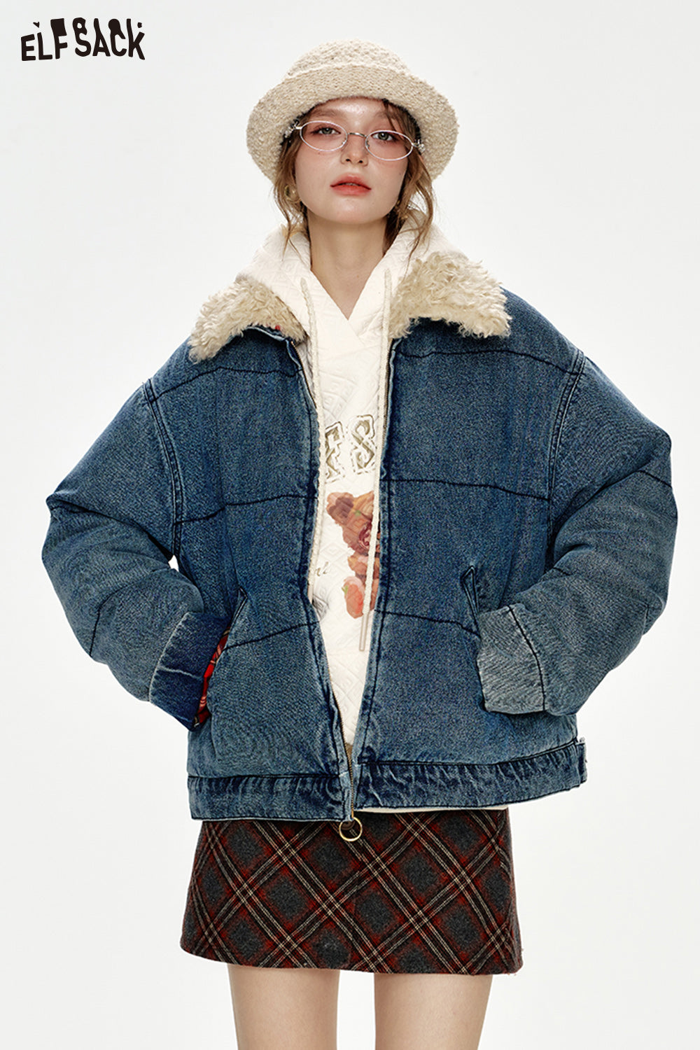 ELFSACK Retro Fake Fur Collar Denim Blue Thickened Short Jacket Women
