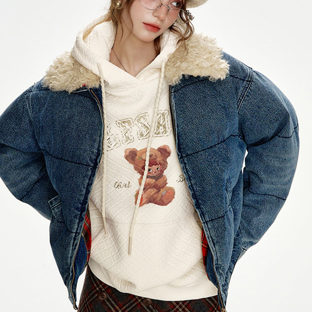 ELFSACK 2024 Winter New Arrivals Retro Fake Fur Collar Denim Blue Thickened Short Jacket Women