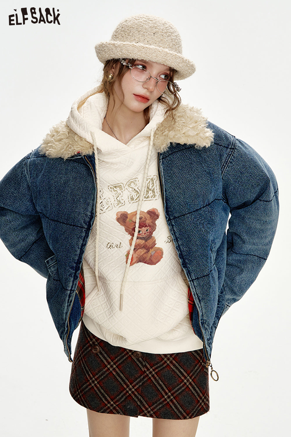 ELFSACK Retro Fake Fur Collar Denim Blue Thickened Short Jacket Women
