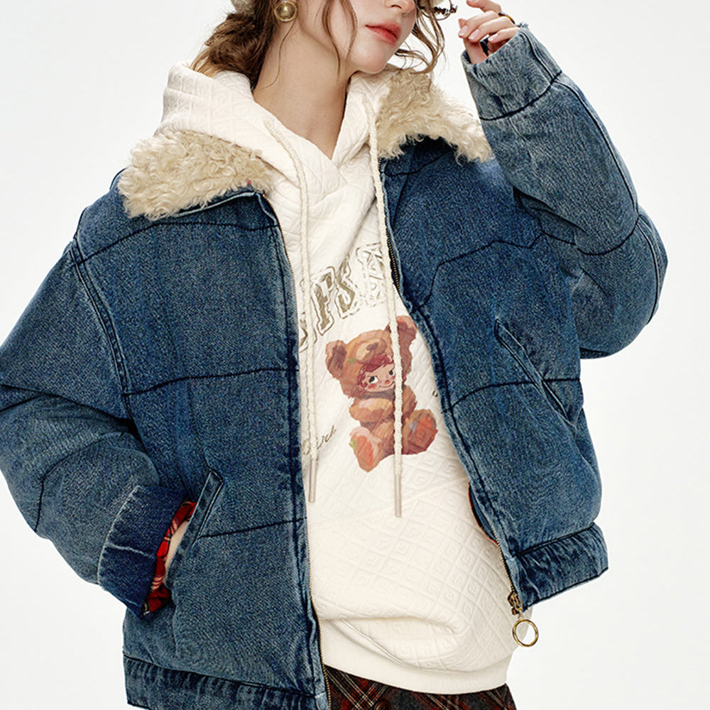 
                  
                    ELFSACK 2024 Winter New Arrivals Retro Fake Fur Collar Denim Blue Thickened Short Jacket Women
                  
                