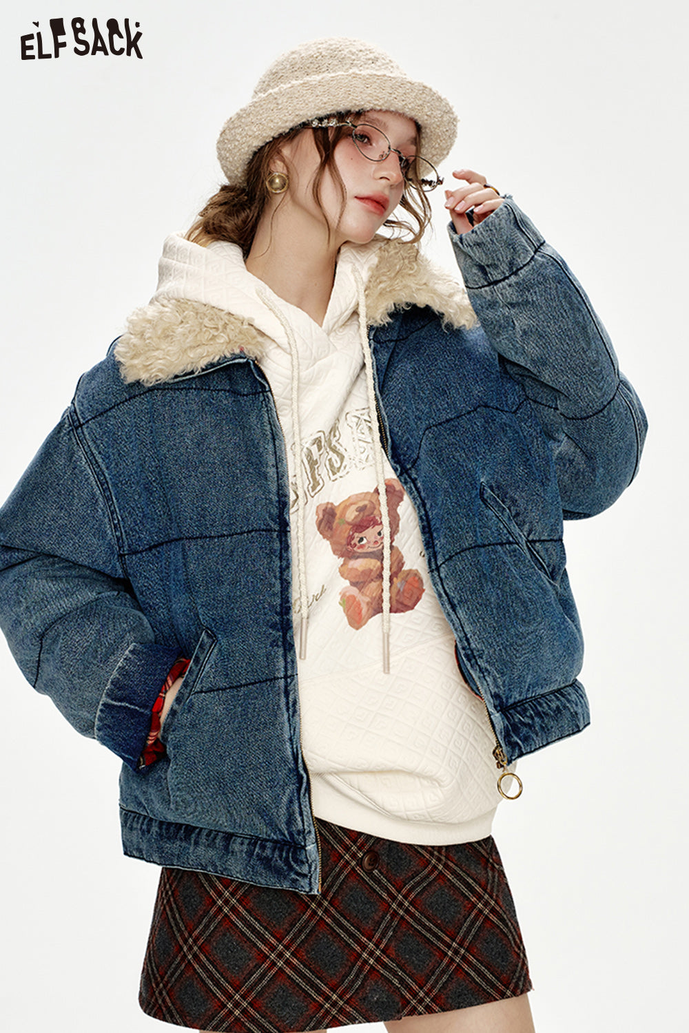 ELFSACK Retro Fake Fur Collar Denim Blue Thickened Short Jacket Women