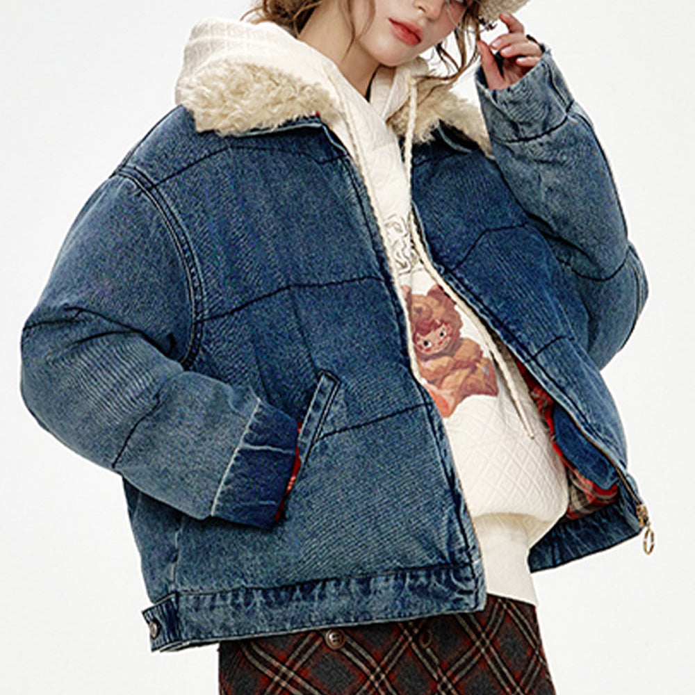 
                  
                    ELFSACK 2024 Winter New Arrivals Retro Fake Fur Collar Denim Blue Thickened Short Jacket Women
                  
                