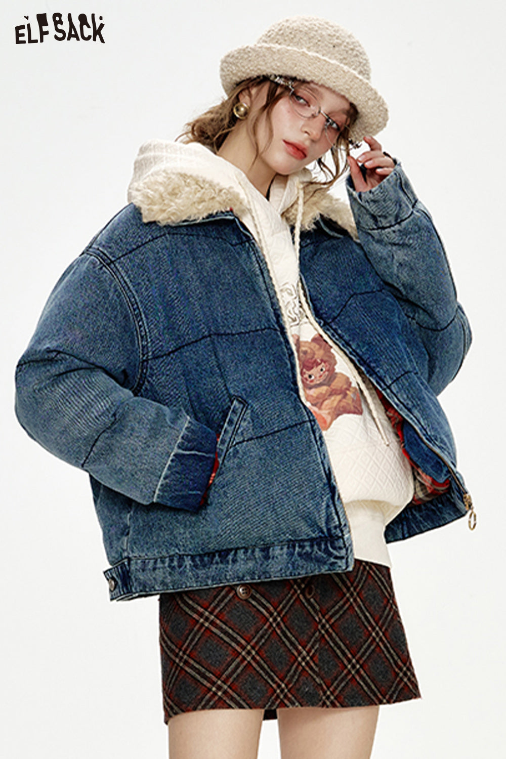 ELFSACK Retro Fake Fur Collar Denim Blue Thickened Short Jacket Women