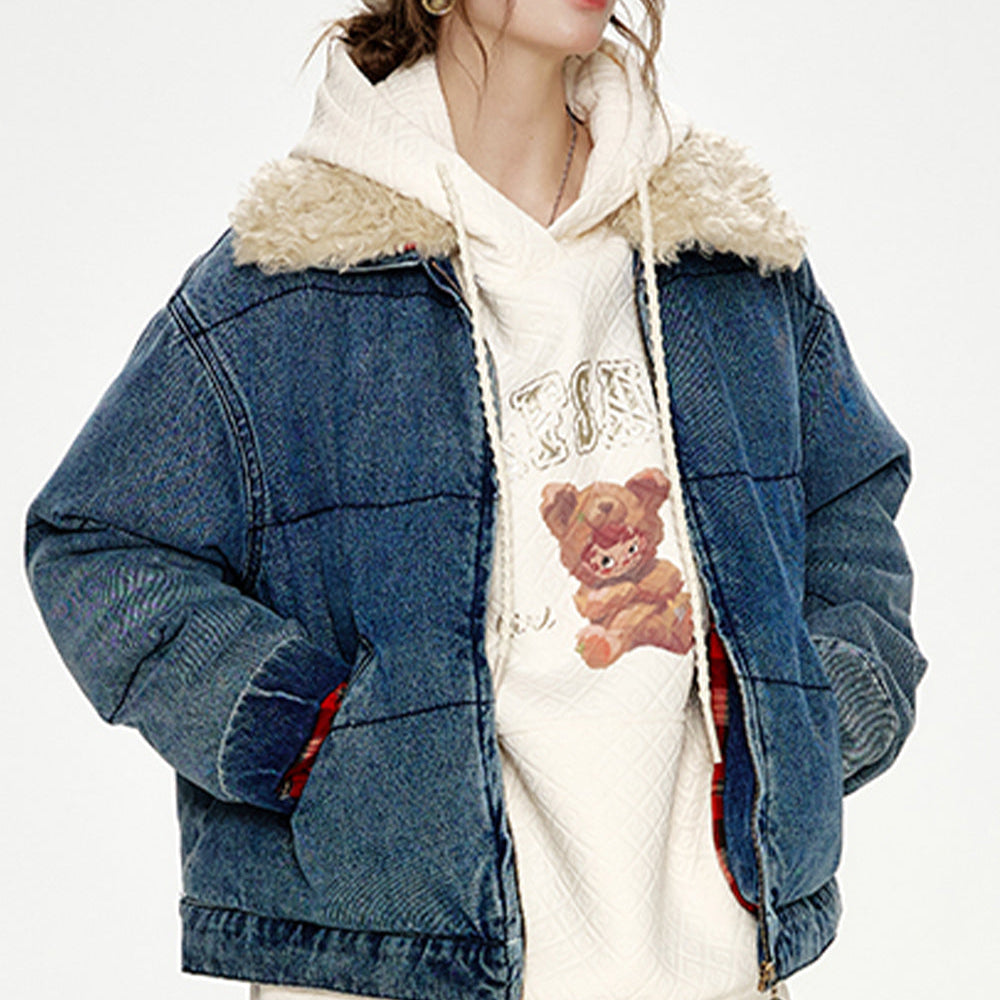 
                  
                    ELFSACK 2024 Winter New Arrivals Retro Fake Fur Collar Denim Blue Thickened Short Jacket Women
                  
                