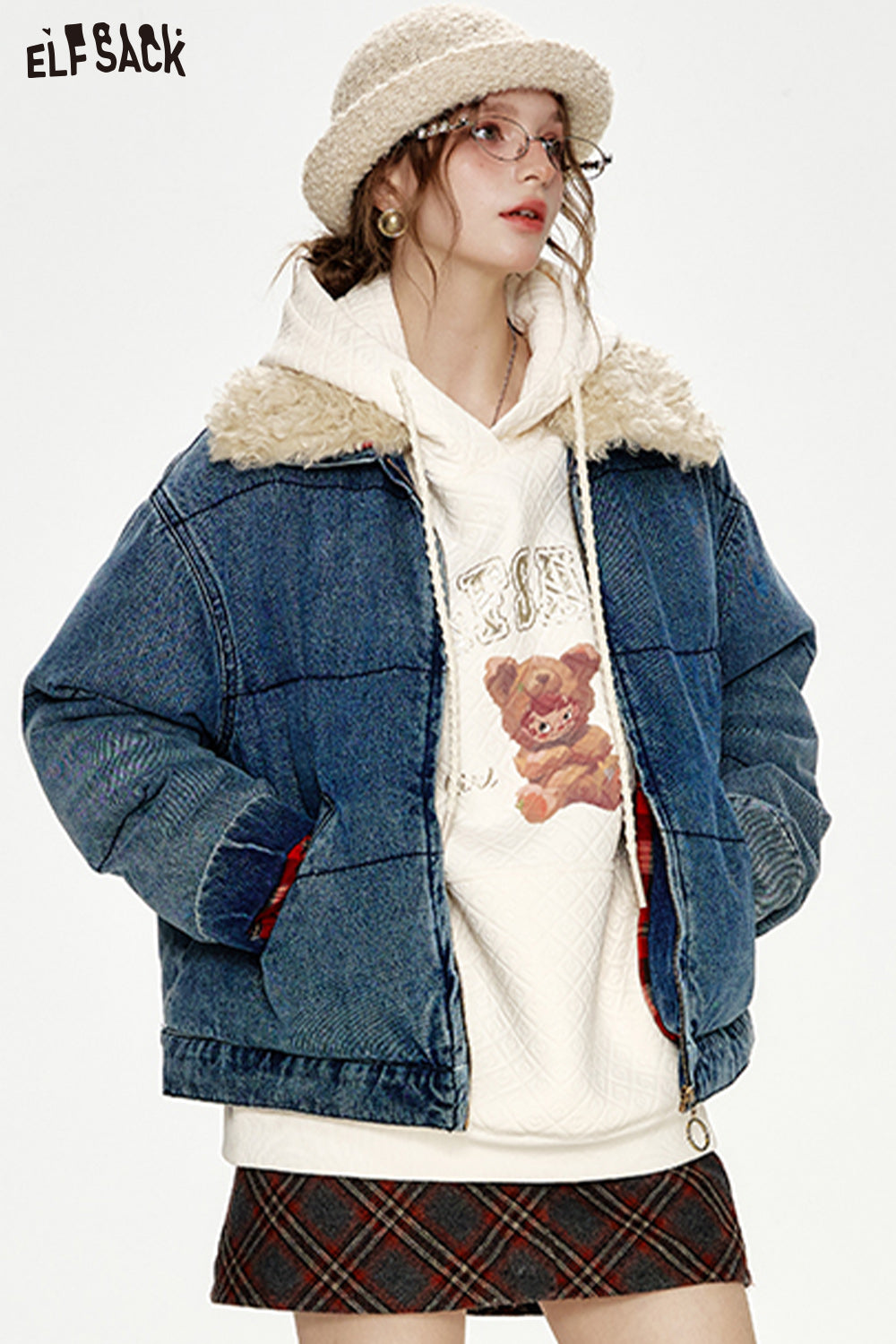 ELFSACK Retro Fake Fur Collar Denim Blue Thickened Short Jacket Women