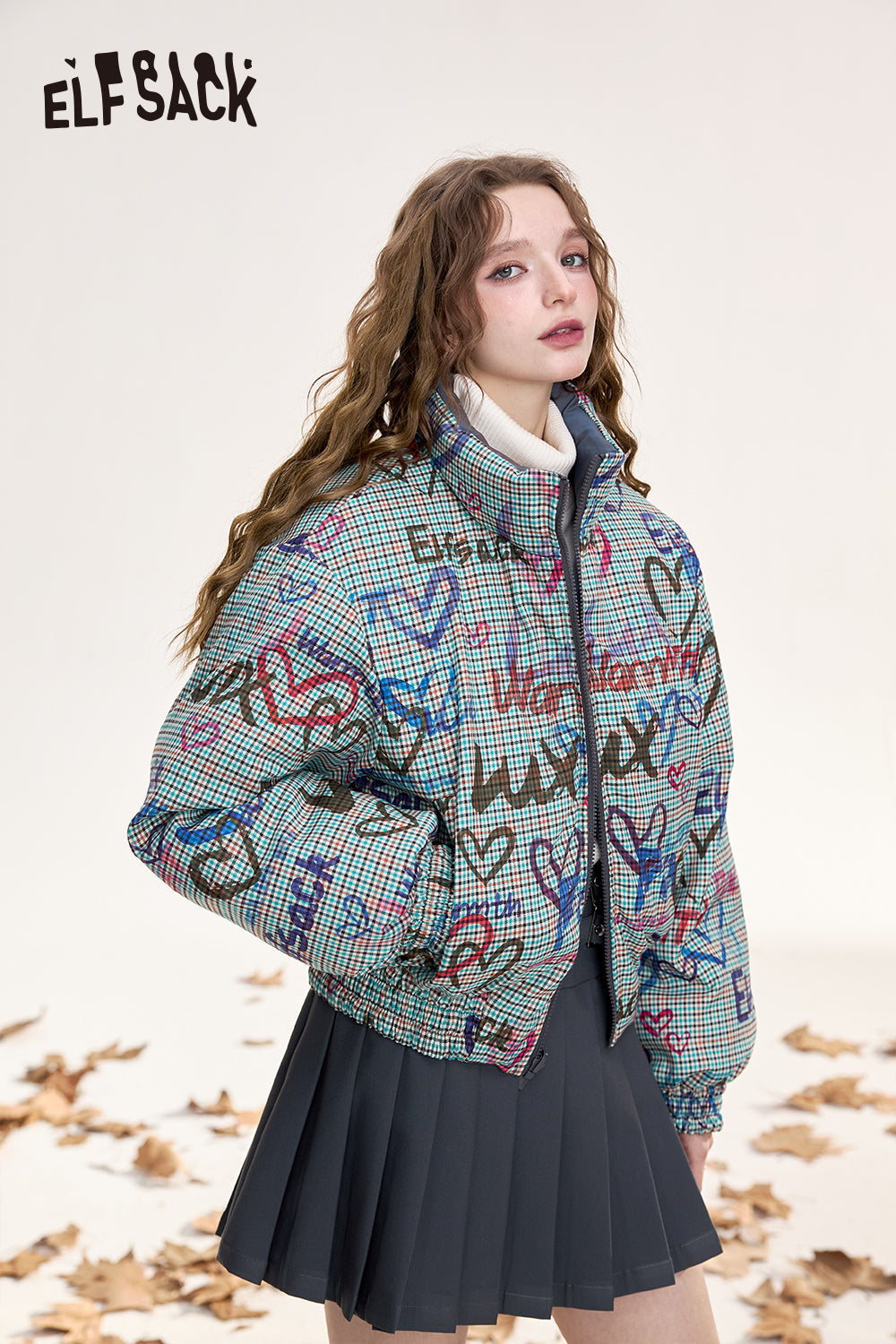 ELFSACK Reversible plaid short down jacket Short warm thick coat with stand collar and zipper