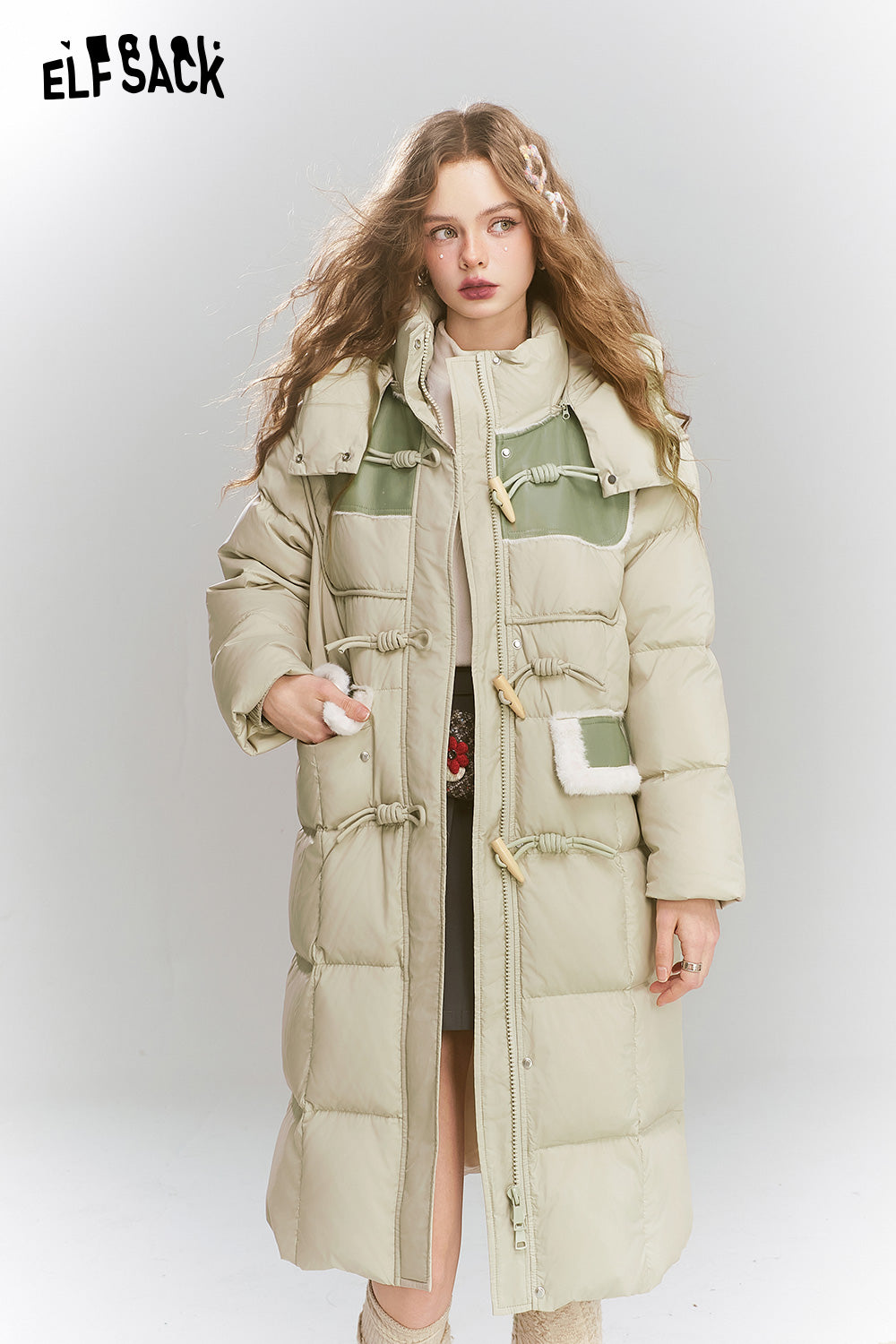 ELFSACK Loose retro print medium long hooded warm down jacket