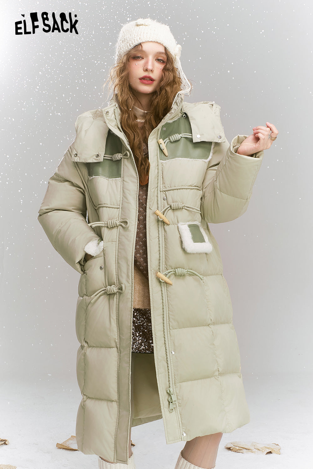 ELFSACK Loose retro print medium long hooded warm down jacket