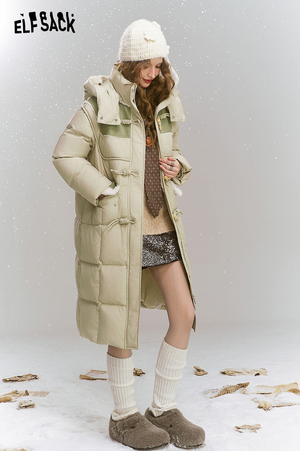 ELFSACK Loose retro print medium long hooded warm down jacket