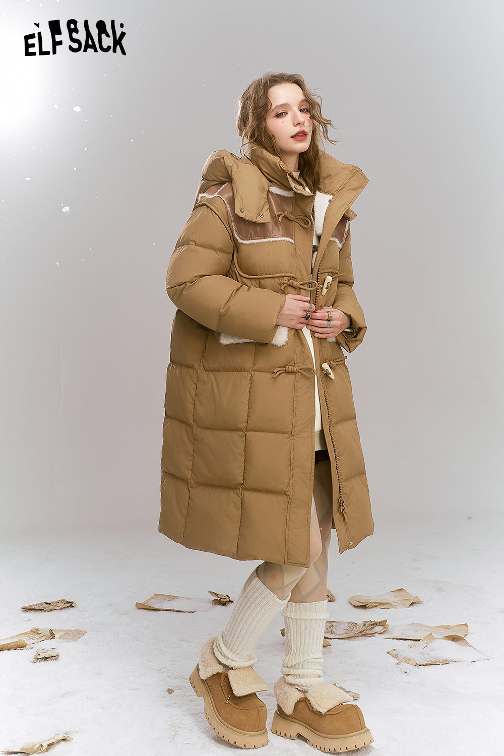 ELFSACK Loose retro print medium long hooded warm down jacket