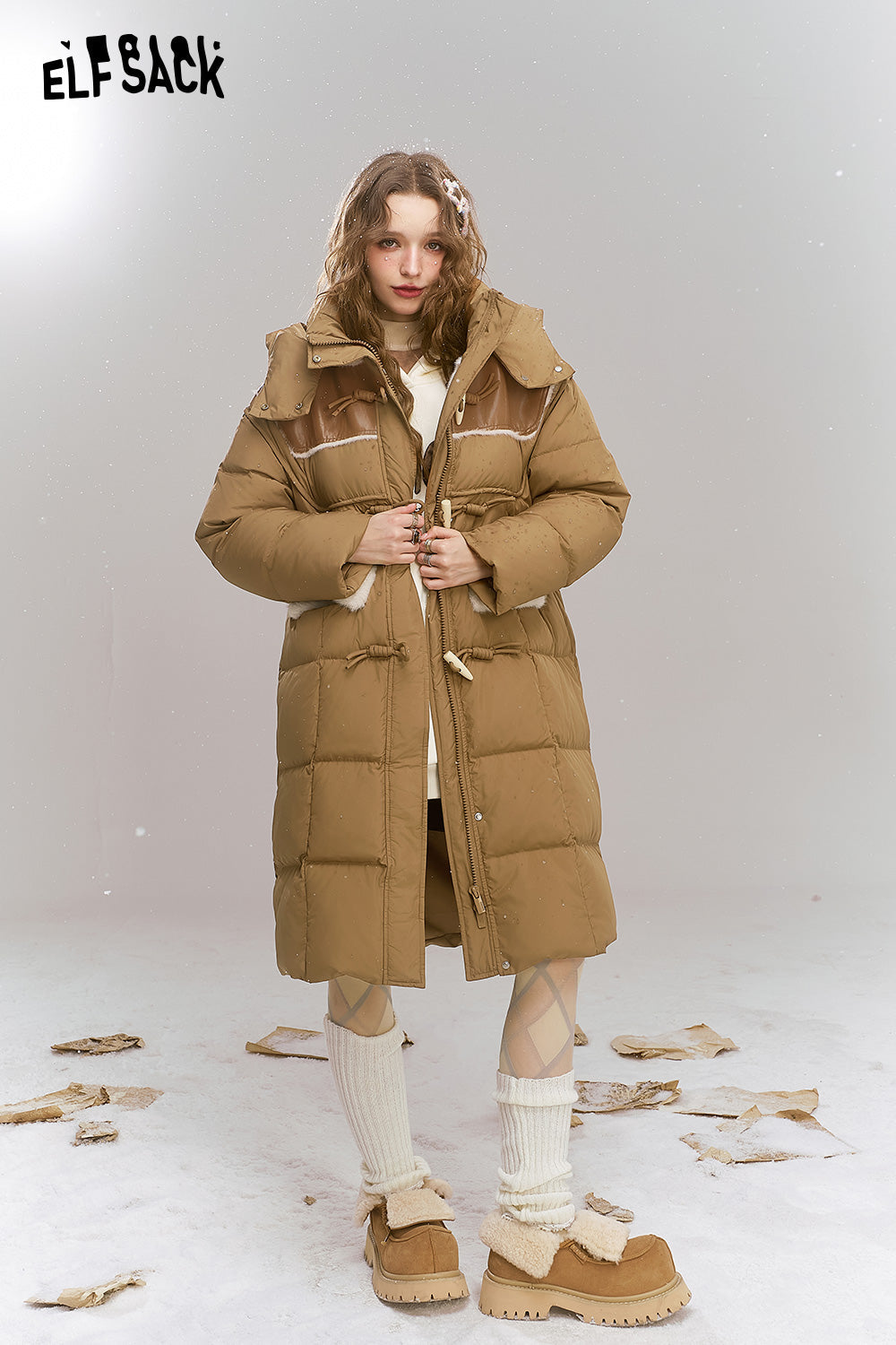 ELFSACK Loose retro print medium long hooded warm down jacket