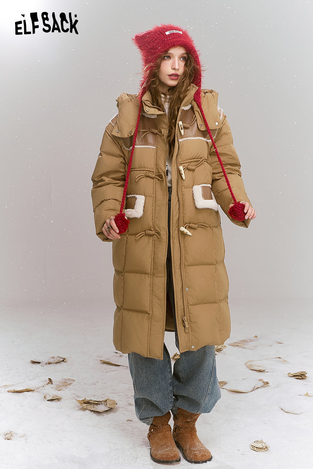 ELFSACK Loose retro print medium long hooded warm down jacket
