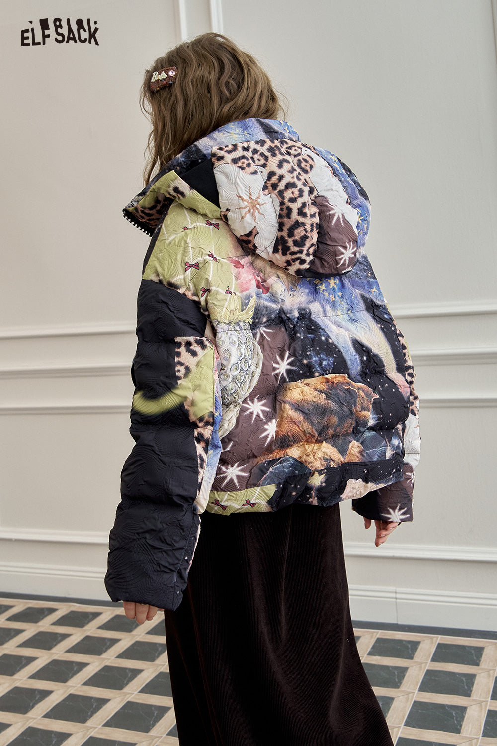 ELFSACK Full printed cartoon casual short hooded down jacket