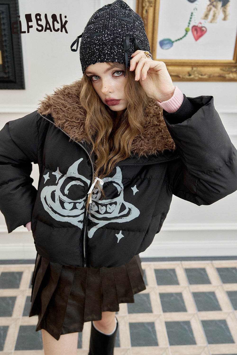 ELFSACK Sweet and cool devil horns heart print thick short coat with fur lapel