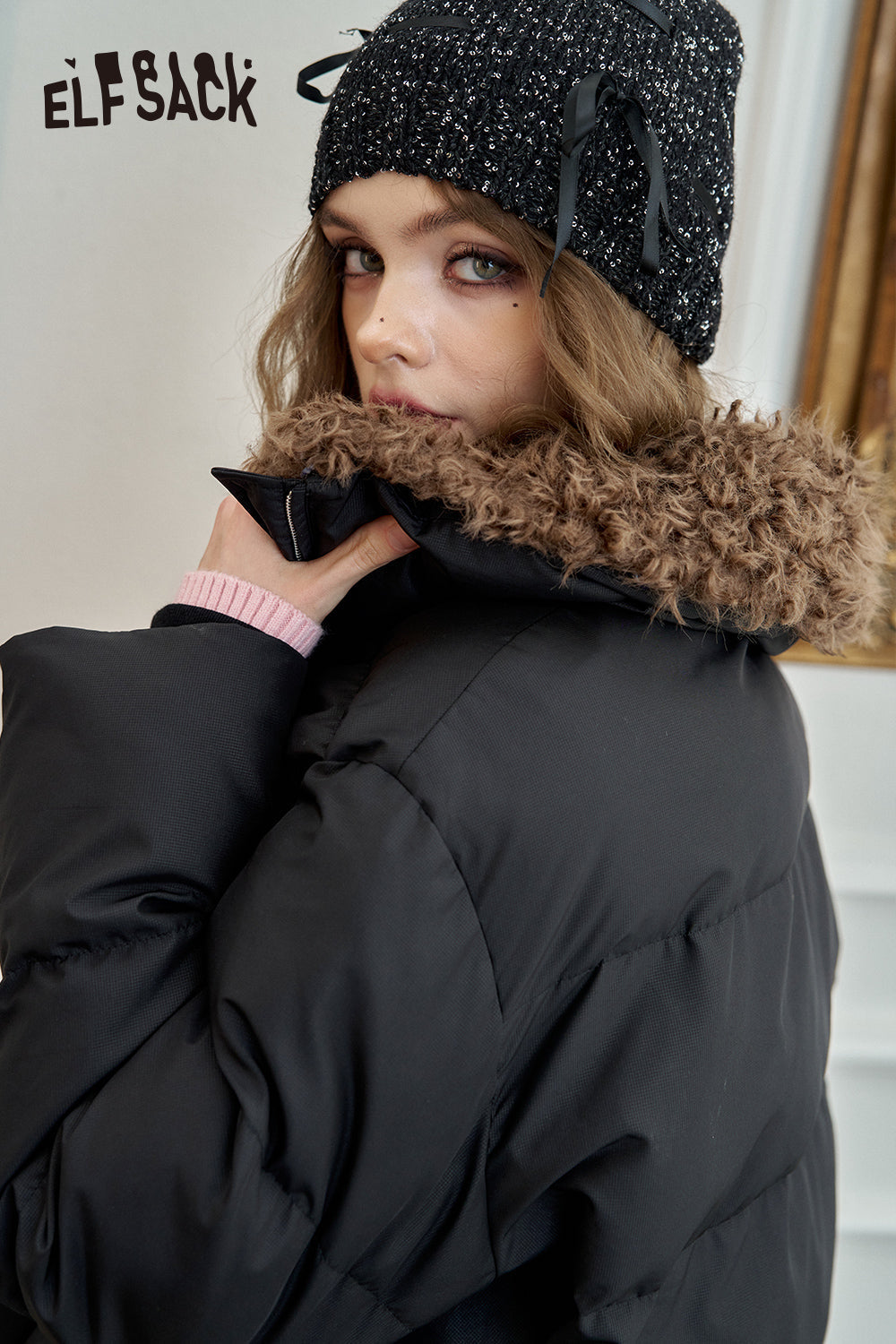 ELFSACK Sweet and cool devil horns heart print thick short coat with fur lapel