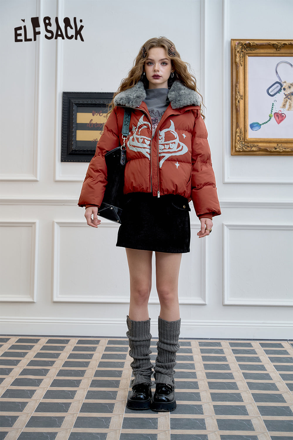 ELFSACK Sweet and cool devil horns heart print thick short coat with fur lapel