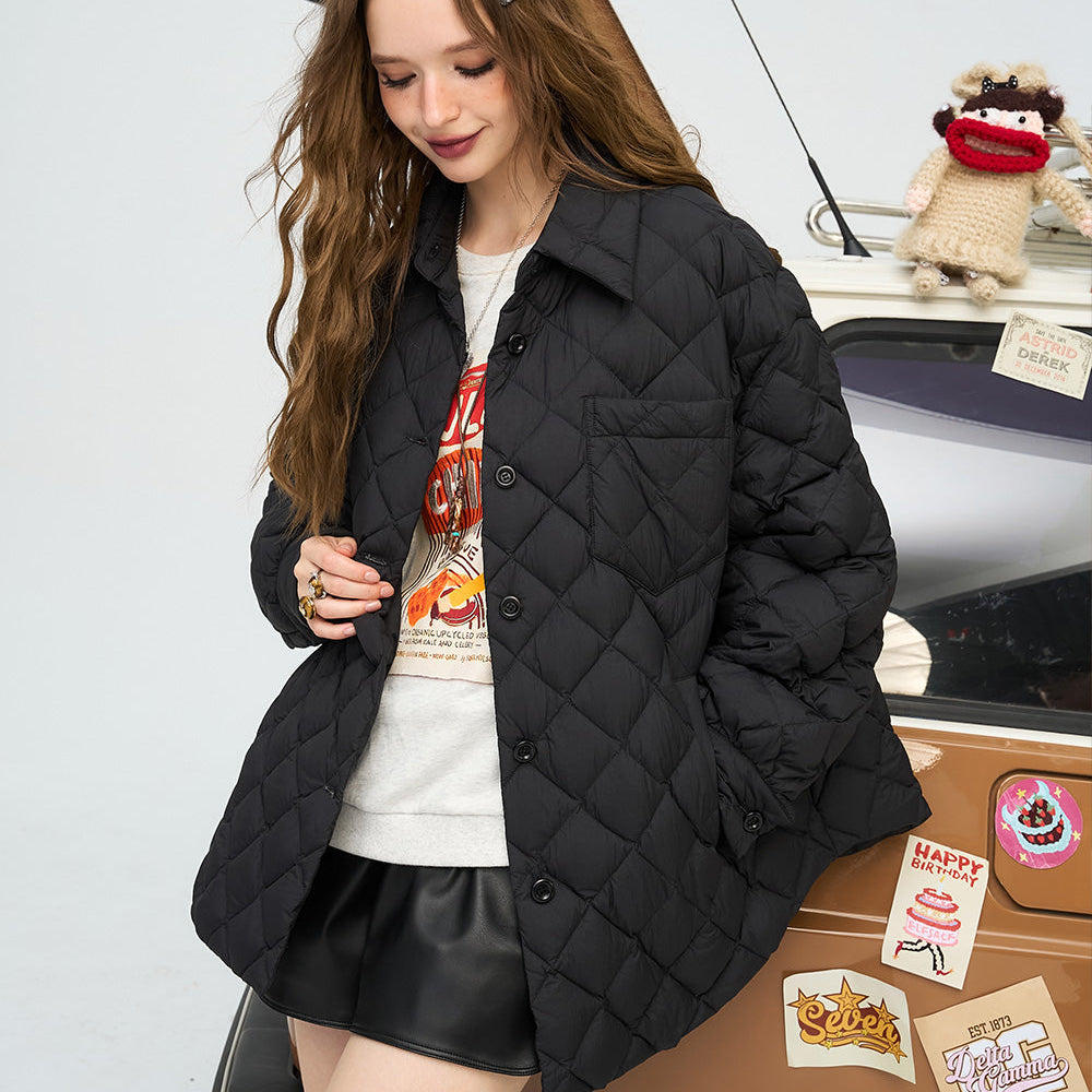 
                  
                    ELFSACK 2024 Winter New Arrivals Black diamond grid shirt style down jacket for women
                  
                