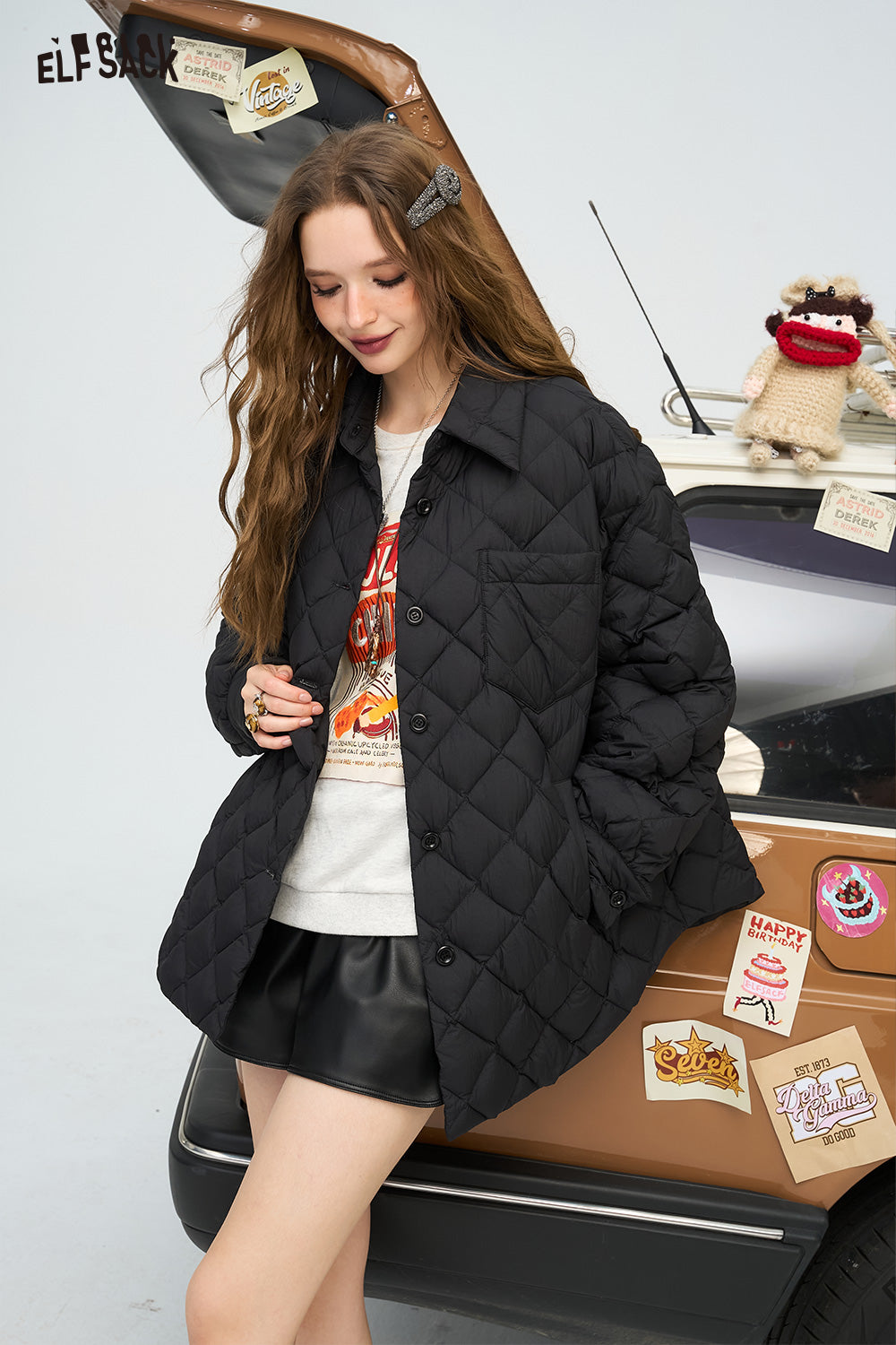 ELFSACK Black diamond grid shirt style down jacket