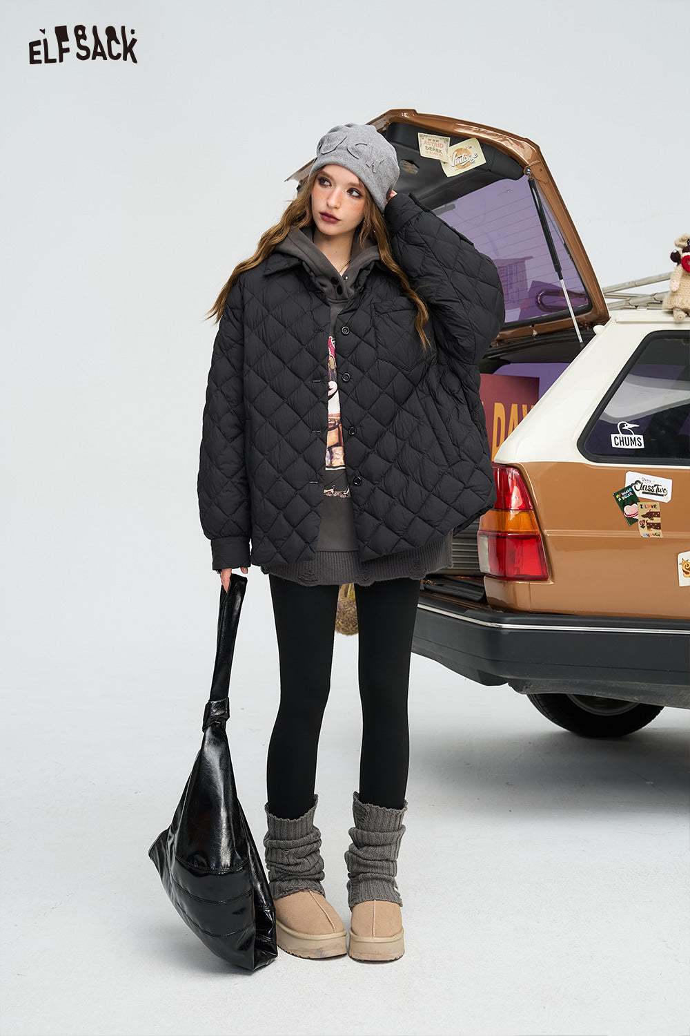ELFSACK Black diamond grid shirt style down jacket