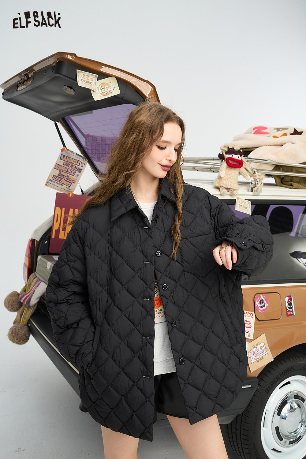 ELFSACK Black diamond grid shirt style down jacket