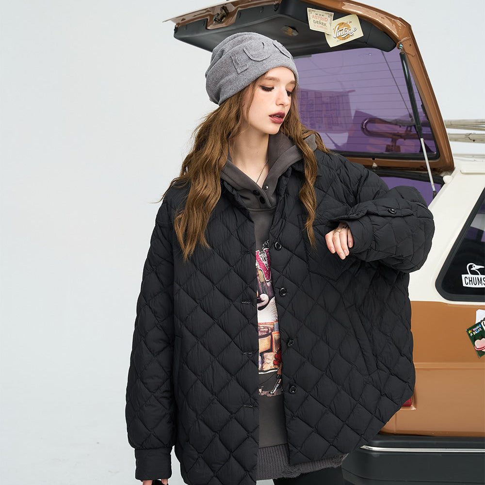 
                  
                    ELFSACK 2024 Winter New Arrivals Black diamond grid shirt style down jacket for women
                  
                