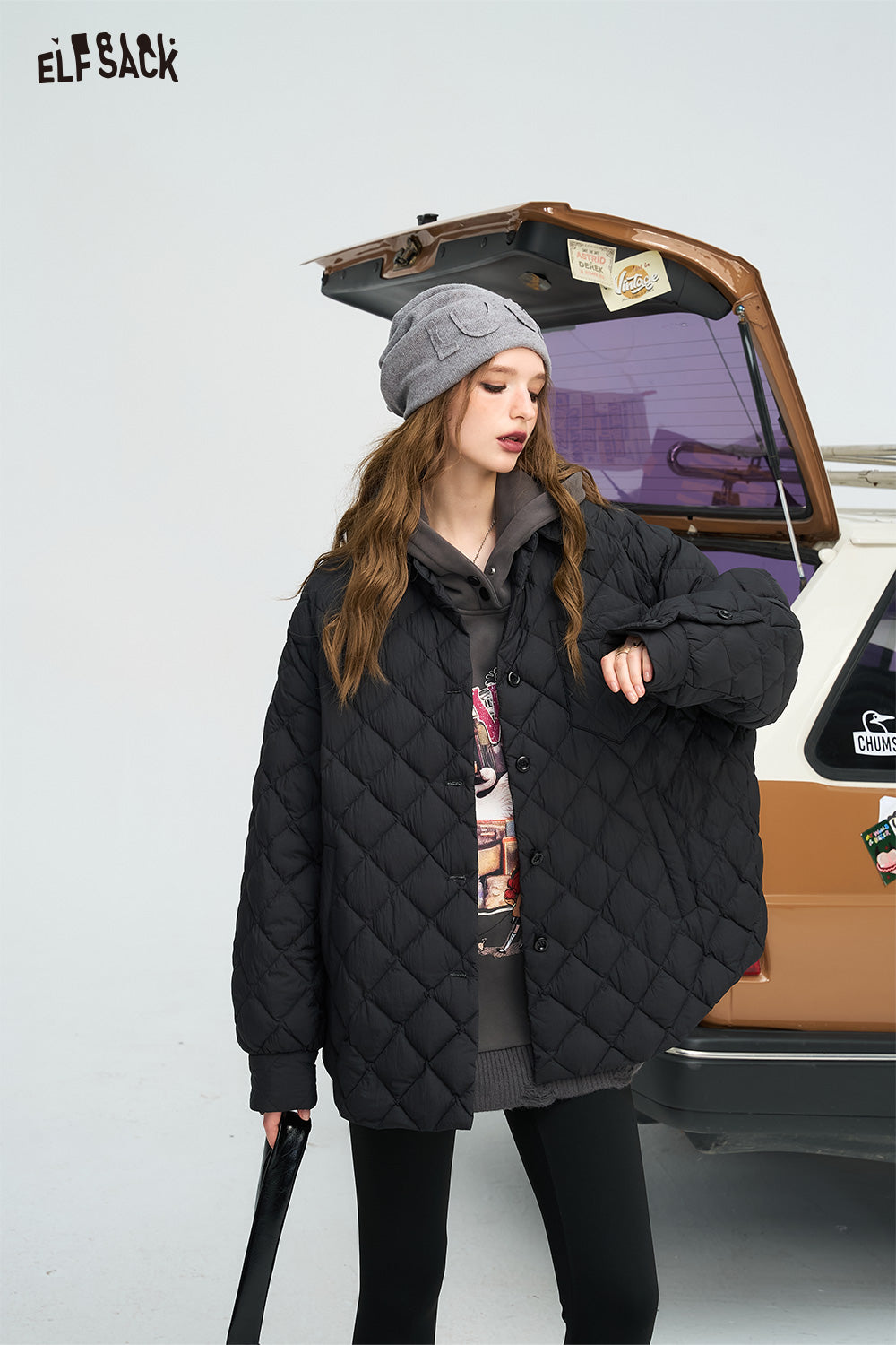 ELFSACK Black diamond grid shirt style down jacket