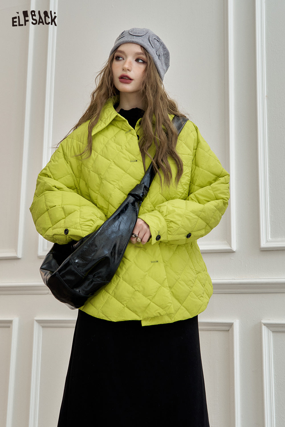 ELFSACK Black diamond grid shirt style down jacket