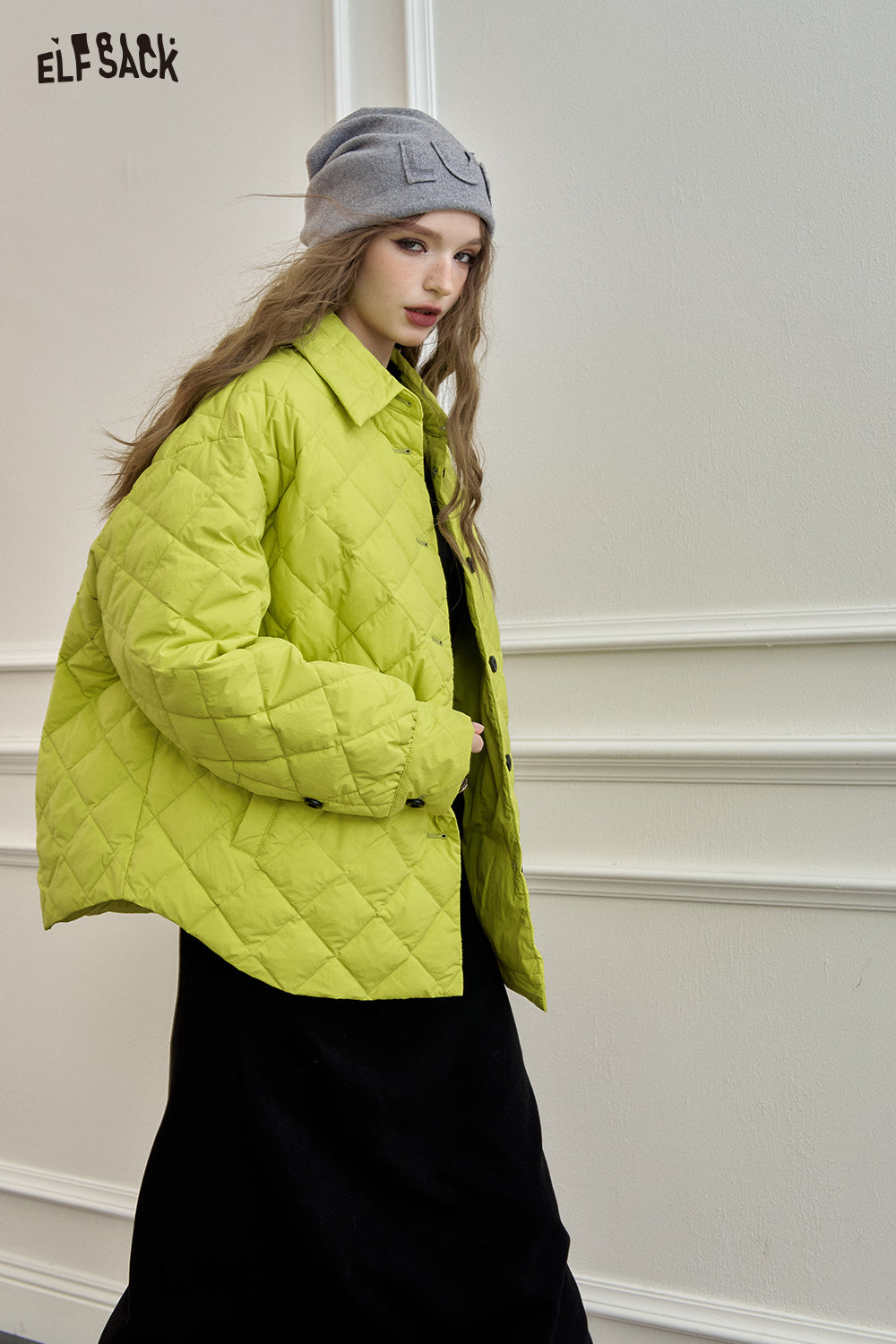 ELFSACK Black diamond grid shirt style down jacket
