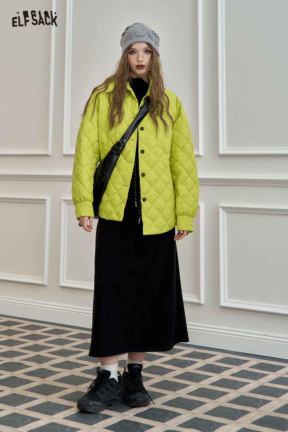 ELFSACK Black diamond grid shirt style down jacket