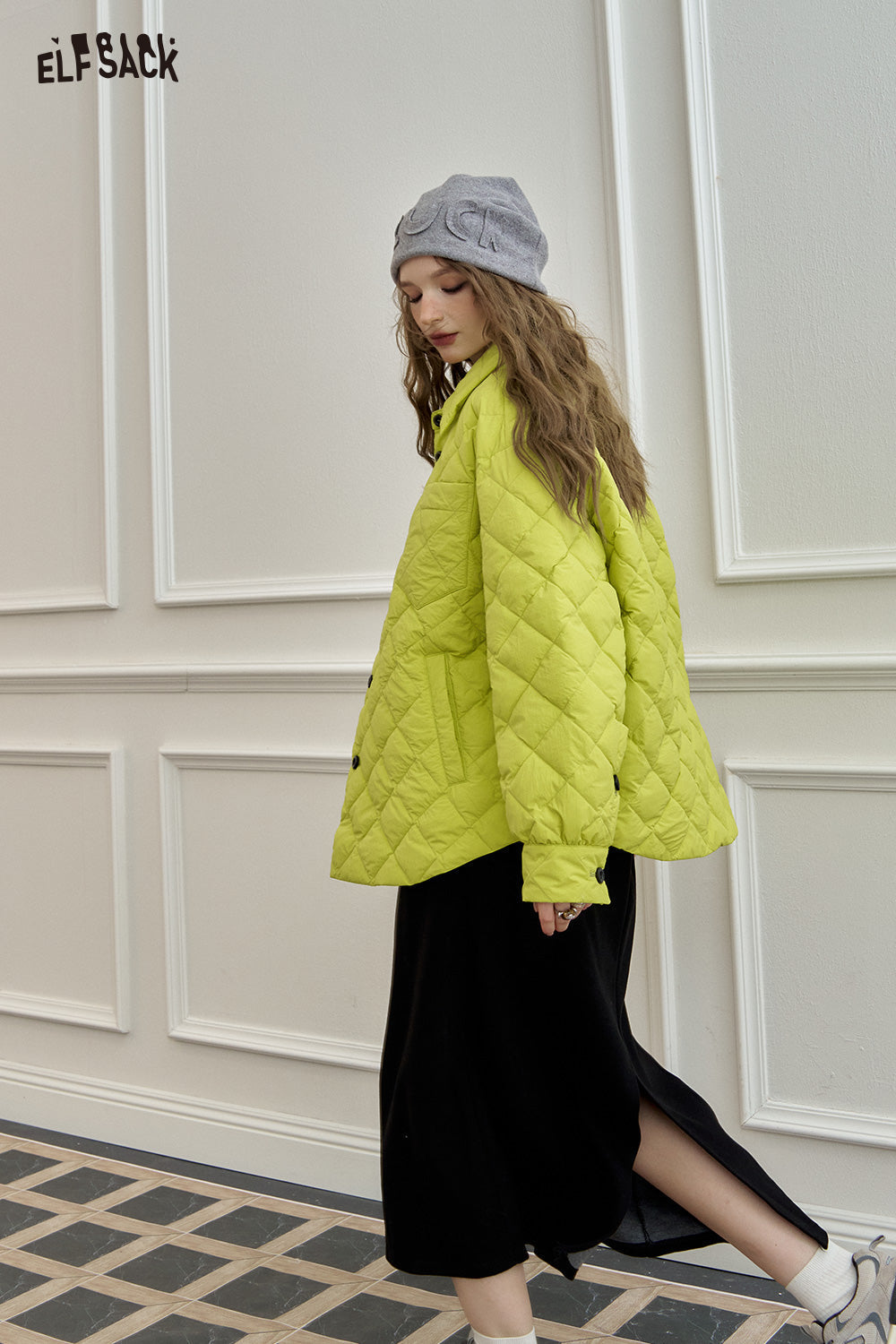 ELFSACK Black diamond grid shirt style down jacket