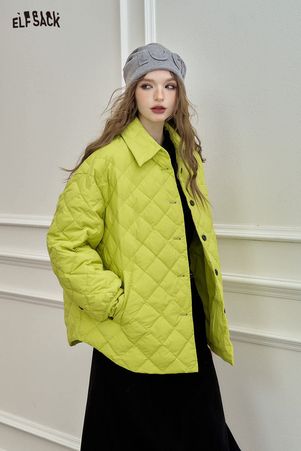 ELFSACK Black diamond grid shirt style down jacket