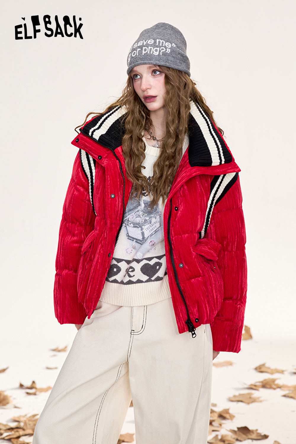 ELFSACK Striped red contrast velvet fabric stand collar short down jacket