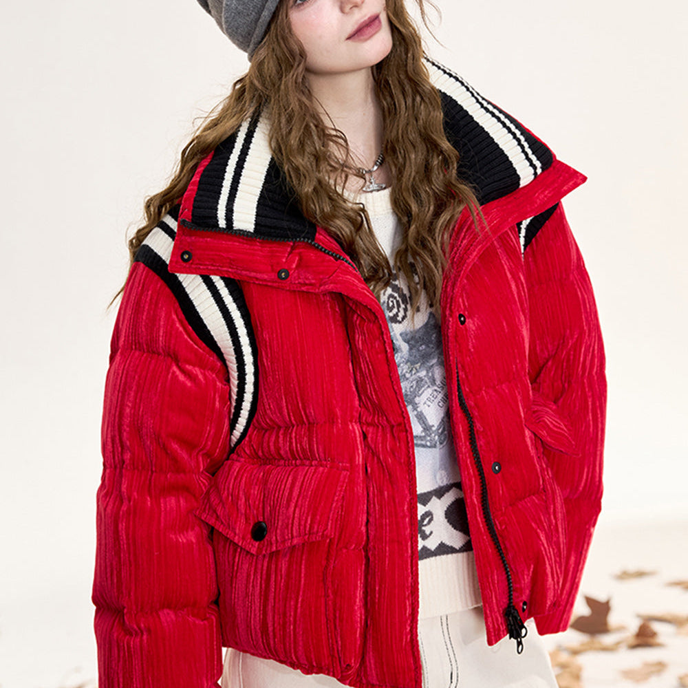 ELFSACK 2024 Winter New Arrivals Striped red contrast velvet fabric stand collar short down jacket for women