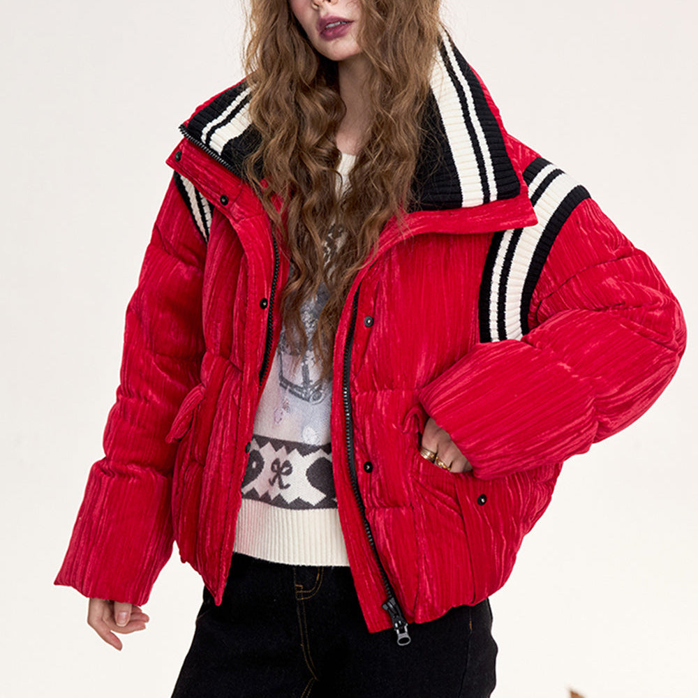 
                  
                    ELFSACK 2024 Winter New Arrivals Striped red contrast velvet fabric stand collar short down jacket for women
                  
                