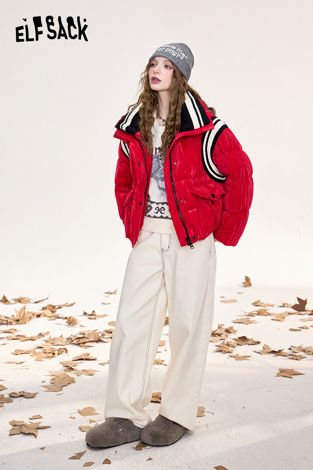 ELFSACK Striped red contrast velvet fabric stand collar short down jacket