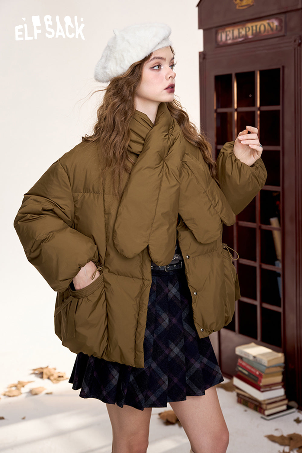 (Including scarf)ELFSACK Retro simple down jacket round neck single breasted warm coat
