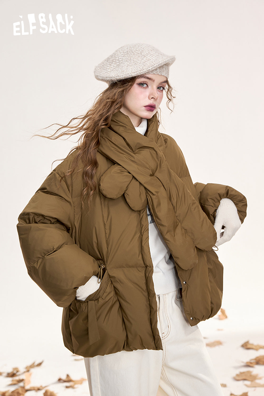 (Including scarf)ELFSACK Retro simple down jacket round neck single breasted warm coat