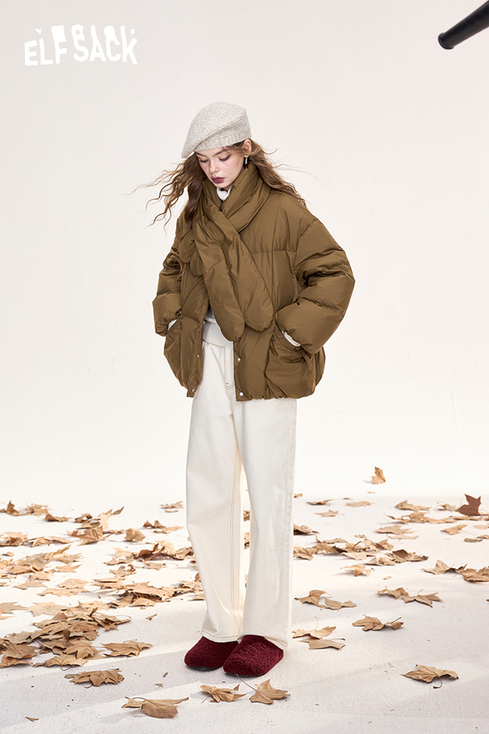 (Including scarf)ELFSACK Retro simple down jacket round neck single breasted warm coat