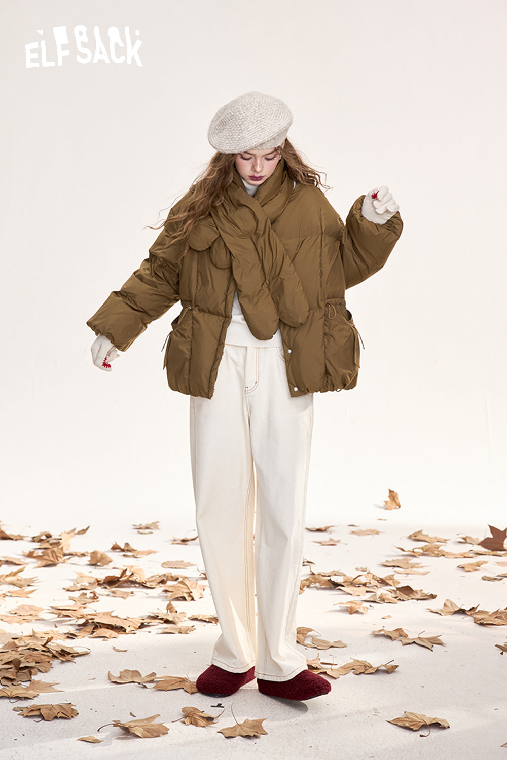 (Including scarf)ELFSACK Retro simple down jacket round neck single breasted warm coat
