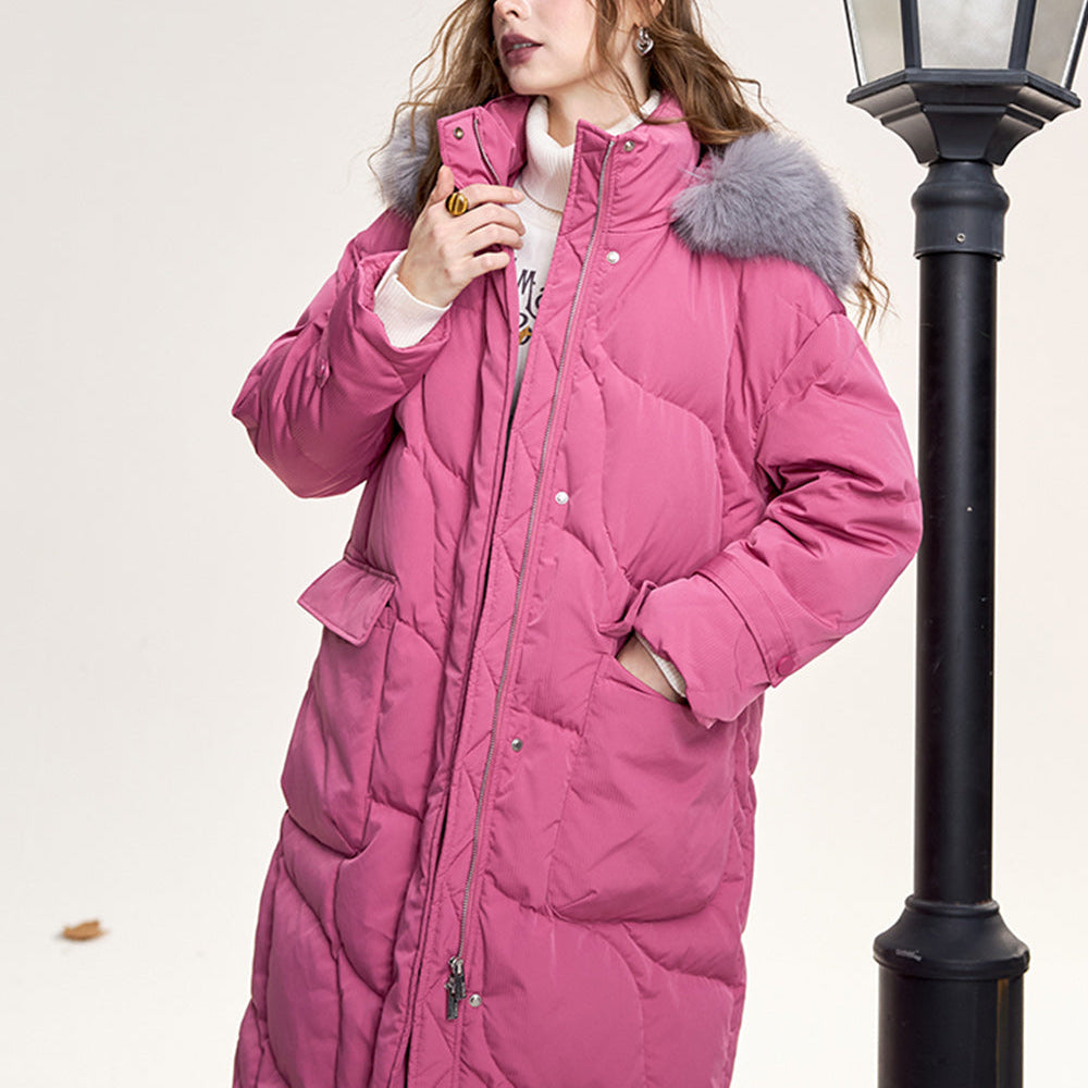 ELFSACK 2024 Winter New Arrivals Fashionable hooded mid-length rose red down jacket for women with fur collar loose warm coat