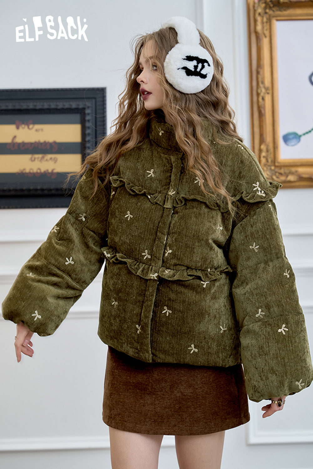 ELFSACK Bow embroidery down jacket, sweet and cute warm velvet cloth thick warm coat