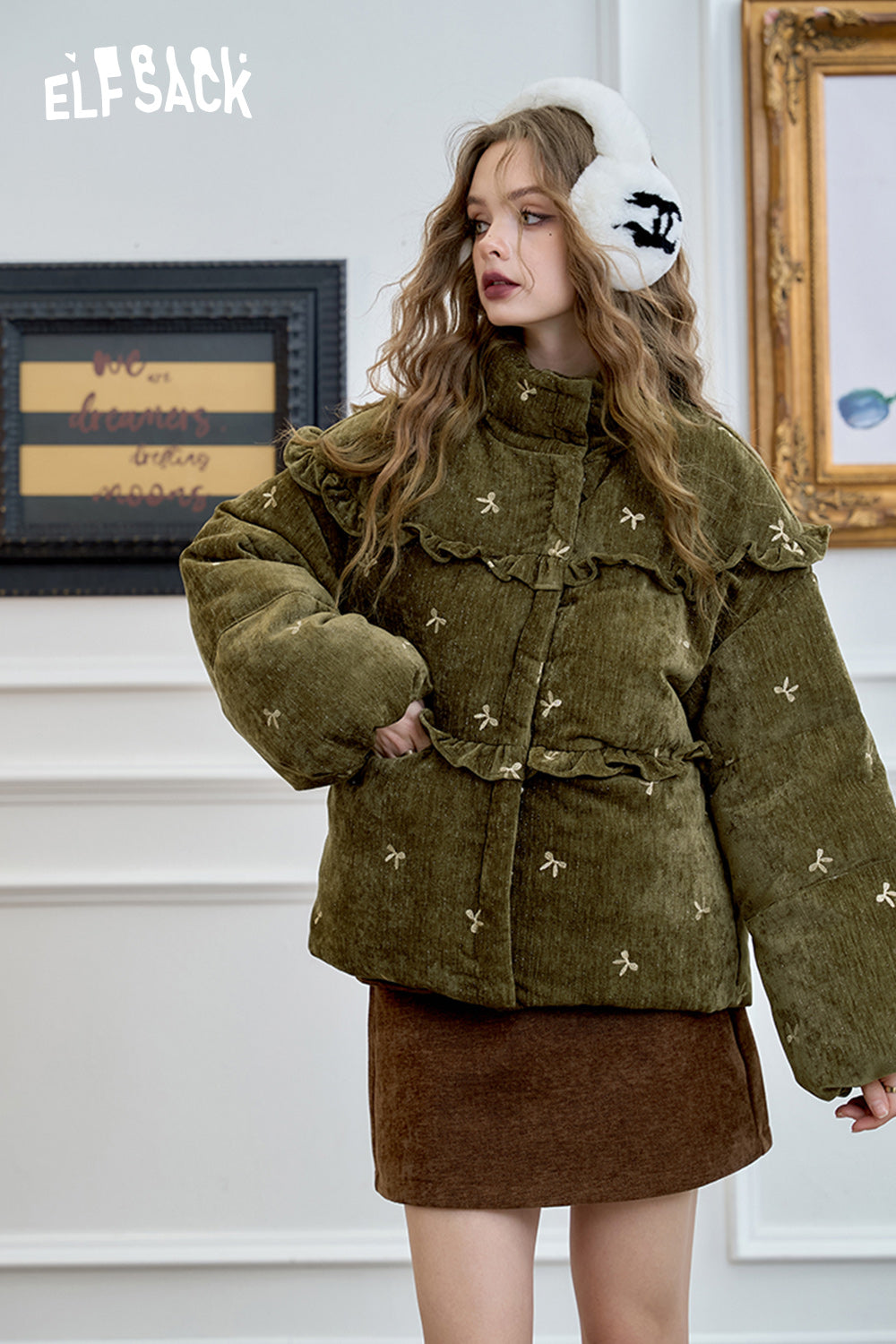 ELFSACK Bow embroidery down jacket, sweet and cute warm velvet cloth thick warm coat