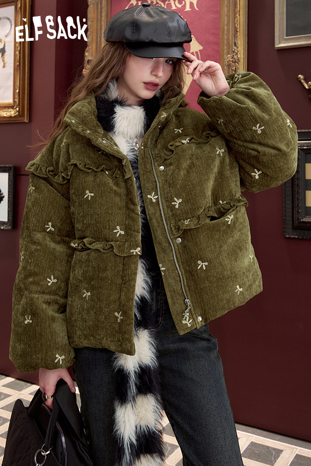 ELFSACK Bow embroidery down jacket, sweet and cute warm velvet cloth thick warm coat