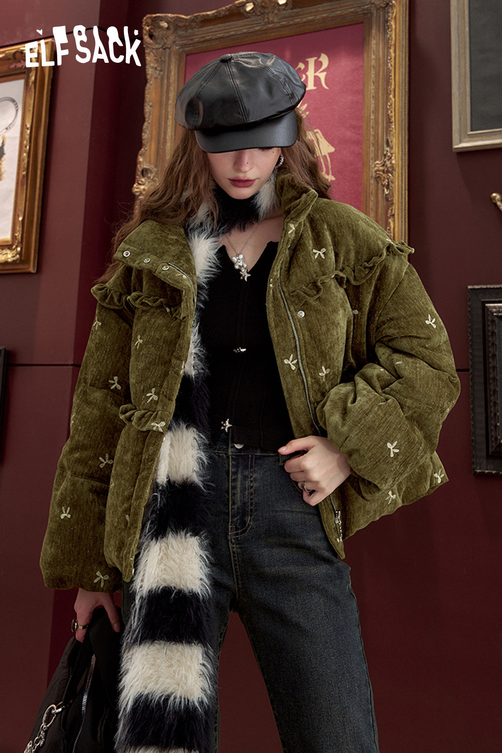 ELFSACK Bow embroidery down jacket, sweet and cute warm velvet cloth thick warm coat