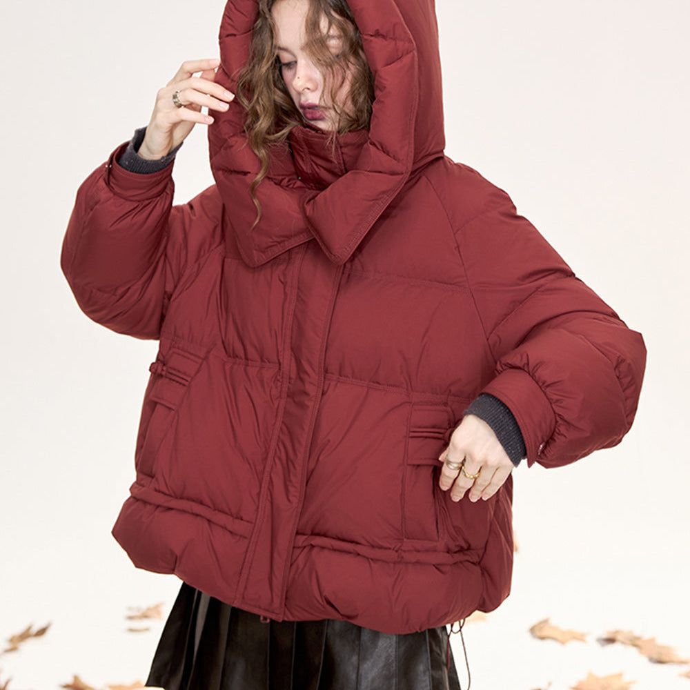 
                  
                    ELFSACK 2024 Winter New Arrivals Sweet and cool Dark red hooded short down jacket for women
                  
                