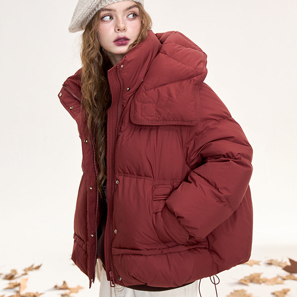 
                  
                    ELFSACK 2024 Winter New Arrivals Sweet and cool Dark red hooded short down jacket for women
                  
                